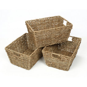 Woodluv Set of 3 Seagrass Rectangular Hamper Shelf Storage Baskets With Inset Handles