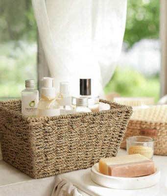 Woodluv Set of 3 Seagrass Rectangular Hamper Shelf Storage Baskets With Inset Handles