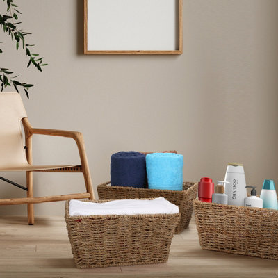 Woodluv Set of 3 Seagrass Rectangular Hamper Shelf Storage Baskets With Inset Handles - 5