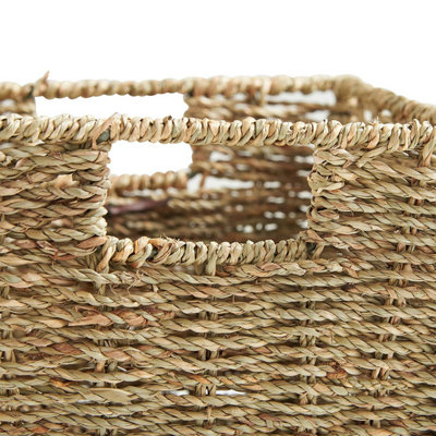 Woodluv Set of 3 Seagrass Rectangular Hamper Shelf Storage Baskets With Inset Handles - 6