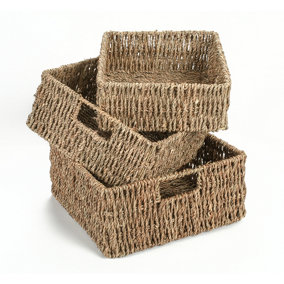 Woodluv Set of 3 Seagrass Square Hamper Shelf Storage Baskets With Inset Handles