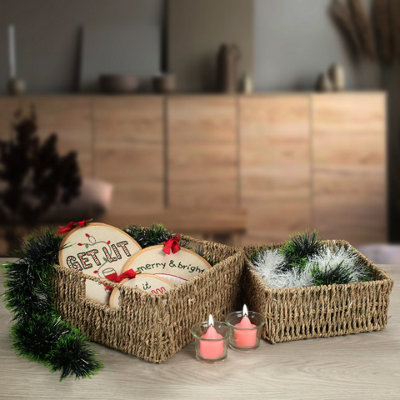 Woodluv Set of 3 Seagrass Square Hamper Shelf Storage Baskets With Inset Handles