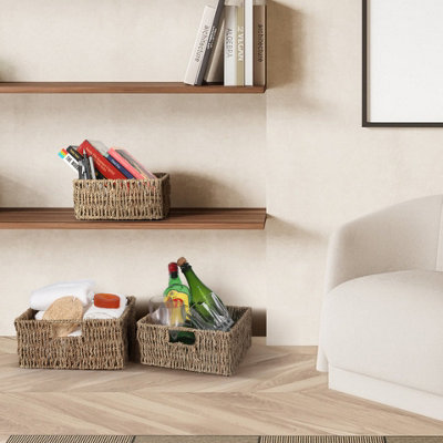 Woodluv Set of 3 Seagrass Square Hamper Shelf Storage Baskets With Inset Handles - 3