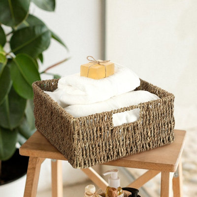 Woodluv Set of 3 Seagrass Square Hamper Shelf Storage Baskets With Inset Handles
