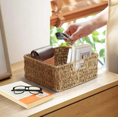 Woodluv Set of 3 Seagrass Square Hamper Shelf Storage Baskets With Inset Handles