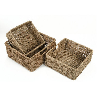 Woodluv Set of 3 Seagrass Square Hamper Shelf Storage Baskets With Inset Handles - 7
