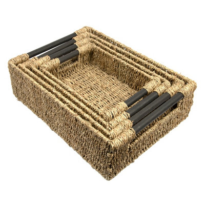 Woodluv Set of 4 Rectangular Seagrass Basket  Xmas Storage Hamper With Wooden Handles