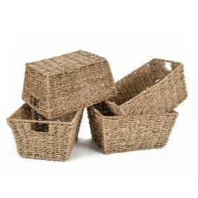 Woodluv Set of 4 Seagrass Rectangular Hamper Shelf Storage Baskets With Cut Out Handles
