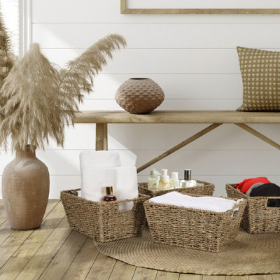 Woodluv Set of 4 Seagrass Rectangular Hamper Shelf Storage Baskets With Cut Out Handles - 5