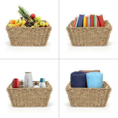 Woodluv Set of 4 Seagrass Rectangular Hamper Shelf Storage Baskets With Cut Out Handles - 6