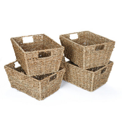 Woodluv Set of 4 Seagrass Rectangular Hamper Shelf Storage Baskets With Cut Out Handles - 7