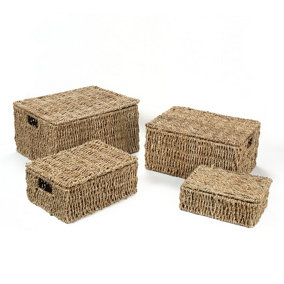 Woodluv Set of 4 Seagrass Storage Hamper Basket With Lid