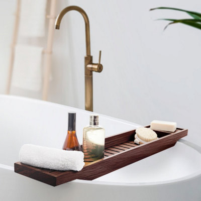 Woodluv Slimline Acacia Wood Bathtub Caddy Tray Bridge Wooden Bath Rack ...