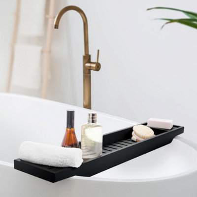 Woodluv Slimline Bamboo Bathtub Caddy Tray Bridge Wooden Bath Rack Bathroom Accessory Bath Shelf