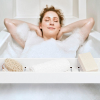 Woodluv Slimline Bamboo Bathtub Caddy Tray Bridge Wooden Bath Rack Bathroom Accessory Bath Shelf - 3