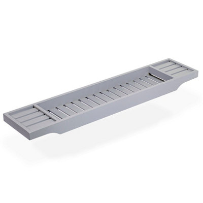 Woodluv Slimline Bamboo Bathtub Caddy Tray Bridge Wooden Bath Rack Bathroom Accessory Bath Shelf Over Tub 70 x 14.5 x 7.5cm - Grey
