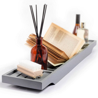 Woodluv Slimline Bamboo Bathtub Caddy Tray Bridge Wooden Bath Rack Bathroom Accessory Bath Shelf Over Tub 70 x 14.5 x 7.5cm - Grey - 3