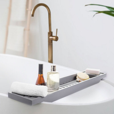 Woodluv Slimline Bamboo Bathtub Caddy Tray Bridge Wooden Bath Rack Bathroom Accessory Bath Shelf Over Tub 70 x 14.5 x 7.5cm - Grey - 4