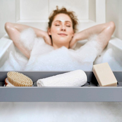 Woodluv Slimline Bamboo Bathtub Caddy Tray Bridge Wooden Bath Rack Bathroom Accessory Bath Shelf Over Tub 70 x 14.5 x 7.5cm - Grey - 5