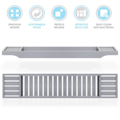 Woodluv Slimline Bamboo Bathtub Caddy Tray Bridge Wooden Bath Rack Bathroom Accessory Bath Shelf Over Tub 70 x 14.5 x 7.5cm - Grey - 7