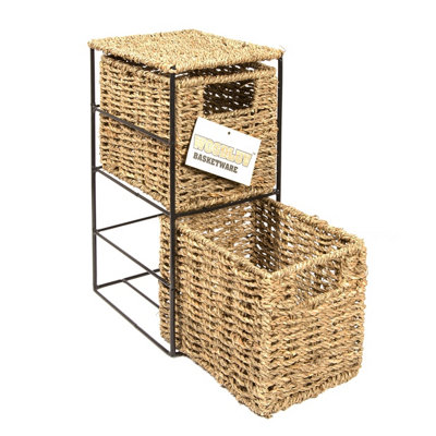 Woodluv Two Drawer Natural Seagrass Storage Cabinet With Metal Frame - Ideal for Bathroom/Office/Home