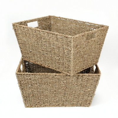 Woodluv Two Large Handmade Seagrass Shelf Storage Hamper Basket