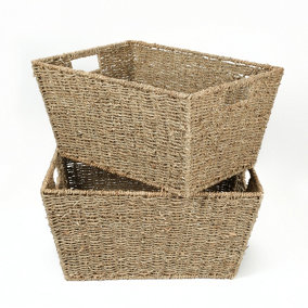 Woodluv Two Large Handmade Seagrass Shelf Storage Hamper Basket