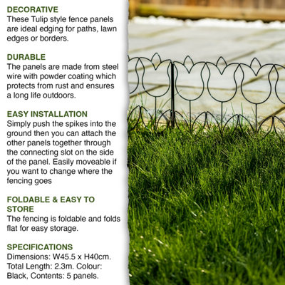 Woodside Tulip Style Garden Border Lawn Edging Steel Fence, 2.3m, pack of 5
