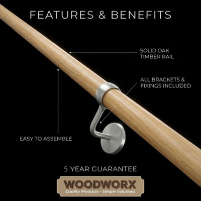 Woodworx Premium Solid Oak & Brushed Nickel 3.6m Indoor Stair Handrail Kit. Easy Install all in One Box - 5Yr Guarantee