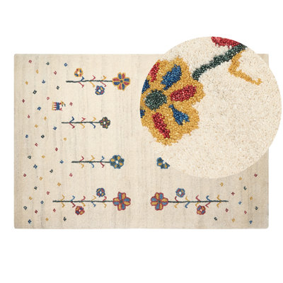 Wool Gabbeh Area Rug with Floral Pattern 140 x 200 cm Beige HUSUNLU