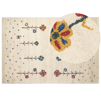 Wool Gabbeh Area Rug with Floral Pattern 160 x 230 cm Beige HUSUNLU