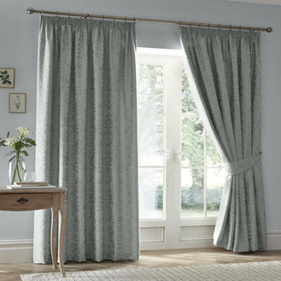 Worcester Pair of Green Pencil Pleat Curtains With Tie-Backs