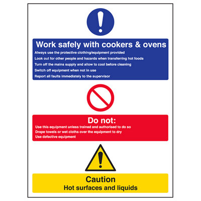 Work Safely Cookers &amp; Ovens Sign - Adhesive Vinyl - 300x400mm (x3)