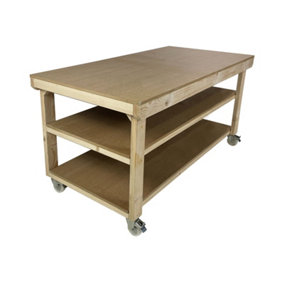 Workbench MDF top, large heavy-duty table (H-90cm, D-120cm, L-120cm) with wheels and double shelf