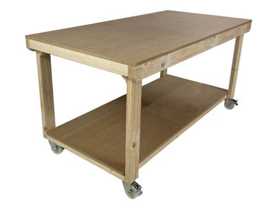 Workbench MDF top, large heavy-duty table (H-90cm, D-120cm, L-120cm) with wheels