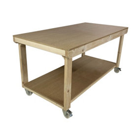 Workbench MDF top, large heavy-duty table (H-90cm, D-120cm, L-120cm) with wheels