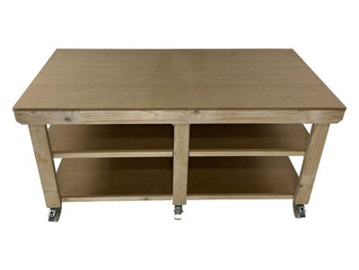 Workbench MDF top, large heavy-duty table (H-90cm, D-120cm, L-180cm) with wheels and double shelf