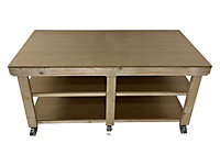 Workbench MDF top, large heavy-duty table (H-90cm, D-120cm, L-210cm) with wheels and double shelf