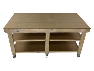 Workbench MDF top, large heavy-duty table (H-90cm, D-120cm, L-210cm) with wheels and double shelf