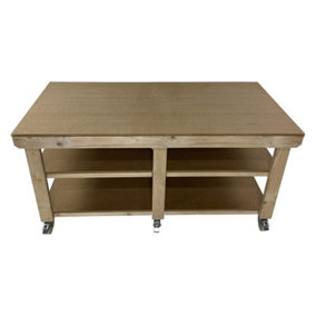 Workbench MDF top, large heavy-duty table (H-90cm, D-120cm, L-210cm) with wheels and double shelf