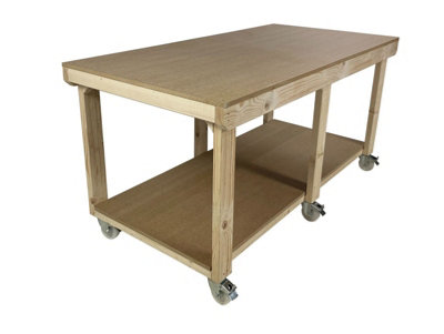 Workbench MDF top, large heavy-duty table (H-90cm, D-120cm, L-240cm) with wheels