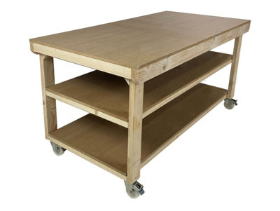 Workbench MDF top, large heavy-duty table (H-90cm, D-90cm, L-120cm) with wheels and double shelf