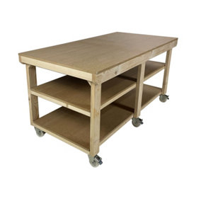 Workbench MDF top, large heavy-duty table (H-90cm, D-90cm, L-180cm) with wheels and double shelf