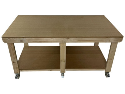 Workbench MDF top, large heavy-duty table (H-90cm, D-90cm, L-180cm) with wheels