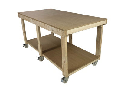 Workbench MDF top, large heavy-duty table (H-90cm, D-90cm, L-240cm) with wheels