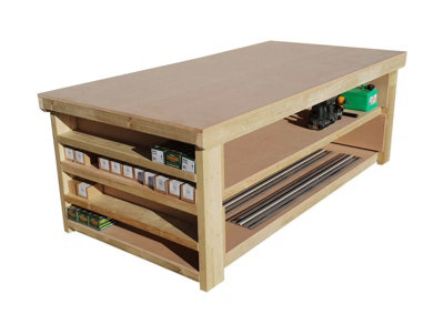 Workbench MDF top with extra shelving, very wide 4th depth table (H-90cm, D-120cm, L-120cm) with double shelf