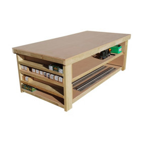 Workbench MDF top with extra shelving, very wide 4th depth table (H-90cm, D-120cm, L-120cm) with double shelf