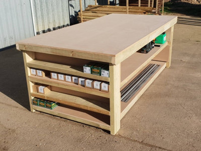 Workbench MDF top with extra shelving, very wide 4th depth table (H-90cm, D-120cm, L-120cm) with double shelf