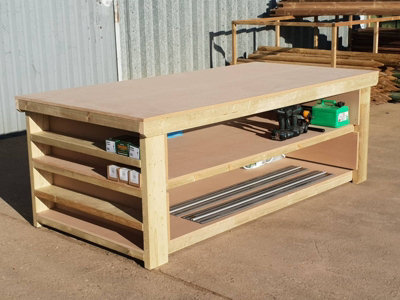 Workbench MDF top with extra shelving, very wide 4th depth table (H-90cm, D-120cm, L-120cm) with double shelf