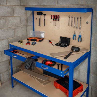 Workbench with Pegboard, Drawer and Light - Blue